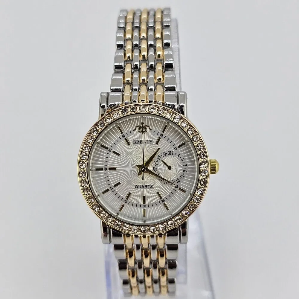 30MM Women's Watch Gray Dial Crystal Bezel Two Tone Bracelet Band 7